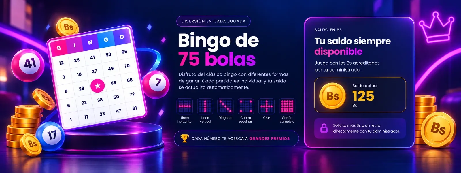 Bingo de 75 bolas — Tu saldo siempre disponible en Bs